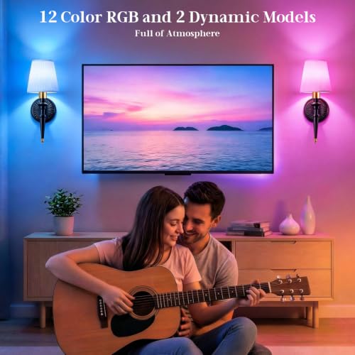 Battery Operated Wall Sconces Set of 2, Wireless Rechargeable Wall Lights with 12 RGB Colors and 3CCT Dimmable, Small Fabric LED Wall Lamps for Bedroom, Living Room, Hallway, Black Gold - color: Black Gold
