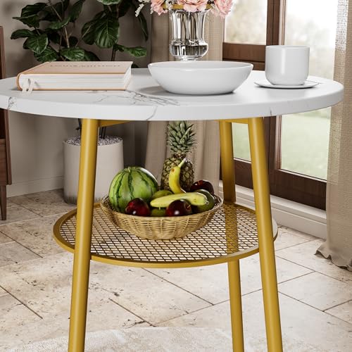 3-Piece Round Bar Table Set with Backrest & Partition, Counter Height Small Dining Table for 2, Includes 2 Foldable Stools, Sturdy MDF & Steel Frame for Kitchen/Dining Room (White+Gold) - color: White+gold