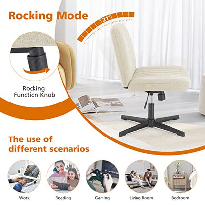 Sweetcrispy Criss Cross Chair, Armless Office Desk Chair | Height Adjustable, Wide Seat, Cute Comfy Fabric, Task Seating, No Wheels, Home Bedroom Vanity, Beige