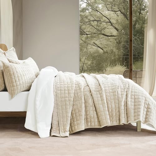 RECYCO Channel Box Stitch Velvet Quilt Set, Twin/Twin XL Size, Beige | Ultra Soft Lightweight Velvet Comforter, Luxury Oversized Bedspread Coverlet, Quilted Bedding Set for All Season with 1 Sham - color: Beige, size: Twin/Twin XL (68" X 92")
