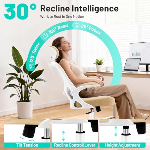 Office Chair - Ergonomic Desk Chair Breathable Mesh Chair with 2D Headrest & Adjustable Lumbar Support - Executive High Back Rolling Swivel Computer Gaming Chair with Wheels Flip-up Armrests - color: Khaki/White