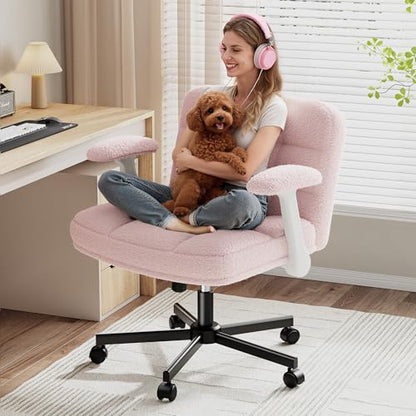DurayLoly Criss Cross Chair with Wheels and Flip-up Arms | 360° Swivel,Plush Teddy Fabric Cross Legged Chair, Adjustable Height for Bedroom, Home Office, Apartment,Vanity,Pink - color: Light Pink