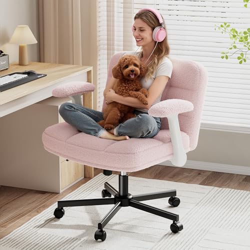 DurayLoly Criss Cross Chair with Wheels and Flip-up Arms | 360° Swivel,Plush Teddy Fabric Cross Legged Chair, Adjustable Height for Bedroom, Home Office, Apartment,Vanity,Pink - color: Light Pink