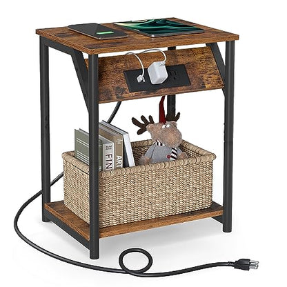 VASAGLE End Table with Charging Station, Small Side Table for Living Room, Bedroom, Nightstand with Outlets and USB Ports, Bedside Table with Storage Shelf, Rustic Brown and Black | End Table for Living Room, Bedroom, Nightstand with Storage Shelf, Rustic