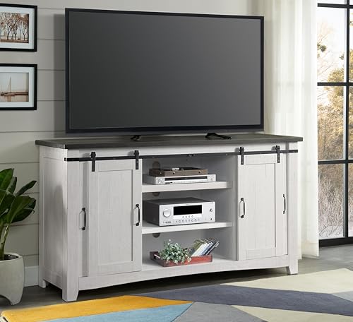 Martin Svensson Home Rustic 65" Wood Entertainment Center, White and Grey | Solid Pine, TV Stand, Sliding Doors, Adjustable Shelves & Cable Management, for TVs up to 70" - color: White and Grey Stain