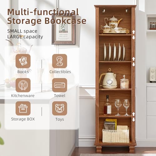 70" Tall Narrow Book Shelf, 5-tire Bookshelf with Adjustable Shelves & Solid Wood Legs, Farmhouse Freestanding Bookcase with Open Storage, Wood Book Case for Office, Living Room, Brown - color: Brown