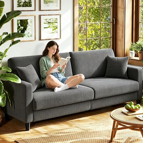 74 "Loveseat Couches,Small Love Seat Sofa with Pillows for Small Spaces,Comfy Corduroy Sofas w/ Wood Frame,Tool-Free Setup Compact Futon Couch for Apartment,Dorm,Office,Settee (Dark Gray, 3-Seater) - color: Dark Gray, size: 3-Seater