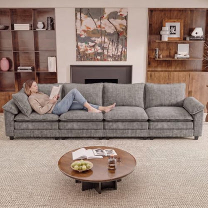 JUMMICO 159" Sectional Couch, Modular Cloud Sofa, Light Grey | Comfy Chenille, 4 Deep Seats, High-Density Foam, Double Layer Cushions, Oversized Linear Sofa for Living Room and Apartment - color: Light Grey, size: Linear Sofa