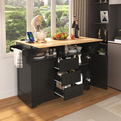 55.7'' Large Kitchen Island with 2 Drop Leaf, Rolling Kitchen Cart on 5 Wheels with Power Outlet, Folding Storage Dining Table with Spice & Towel Rack , 3 Drawers, for Kitchen, Dining Room, Black - style: Black