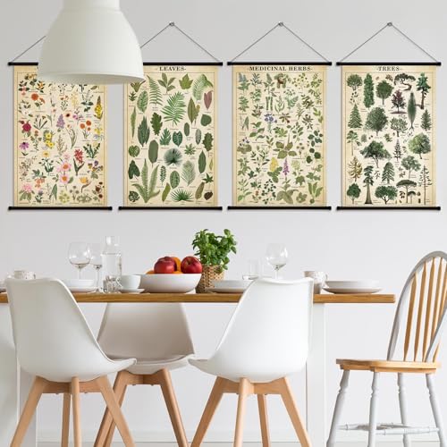 Lewtemi 4 Pcs Vintage Poster Nature Botanical Wall Art Wildflowers Leaves Medicinal Herbs Trees Wall Hanging Poster Prints Plants Chart Poster for Classroom, 15.35 x 23.62 Inch(Retro, Green Plants) - style: Green plants