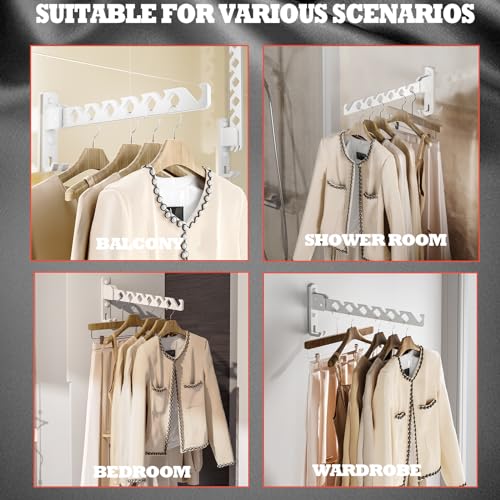 Dr.DJ Wall Mount Coat Hanger Holder White Clothes Drying Organizer Rack Garment Hooks Aluminium Retractable Folding Indoor Wall Mounted Hanger for Laundry Room Bedroom White 2Pack with 80cm Rod - color: White 2racks+rod