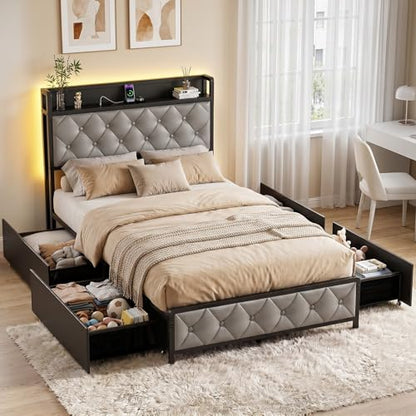 Twin Bed Frame with Button Headboard, PU Leather, All-Metal Support Platform LED Twin Bed with Storage and Charge Station, Easy to Install, Stable, Noise-Free (Grey) - color: Grey