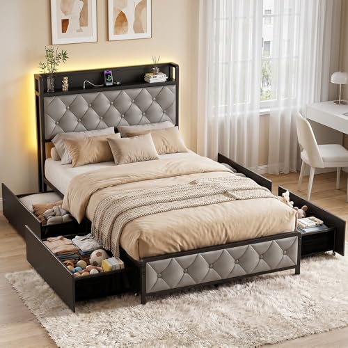 Twin Bed Frame with Button Headboard, PU Leather, All-Metal Support Platform LED Twin Bed with Storage and Charge Station, Easy to Install, Stable, Noise-Free (Grey) - color: Grey