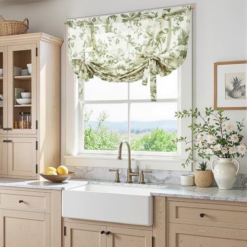 jinchan Linen Blend Kitchen Valance Curtain, Tie up, 42x45, 1 Panel, Green | Light filtering, linen blend, rod pocket, farmhouse style, rustic decor, kitchen, bathroom, laundry room, RV, small windows - color: Botanical | Green on Linen, size: 42"W x 45"L