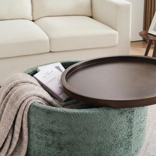 Zihanhome 30" Round Chenille Storage Ottoman Coffee Table with Removable Tray Top, Large Hidden Storage Ottoman, Solid Wood Legs for Living Room, Bedroom, Apartment (Moss Green) - color: Moss Green