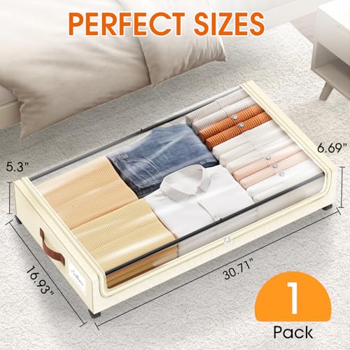 Under Bed Storage with Wheels 1Pack Storage Containers with Clear Window | Under Bed Drawers Rolling Under Bed Storage for Clothes,Shoes, Blankets (30.71 x 16.93 x 6.69 in, Beige) - color: Beige, size: 1 Pack
