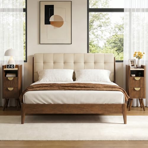 Narrow Nightstand with 2 Drawers, Wooden Bedside Table with Open Storage Space, Easy Install Slim Night Stand for Apartments, Narrow Bedroom Corners, Living Room End Table