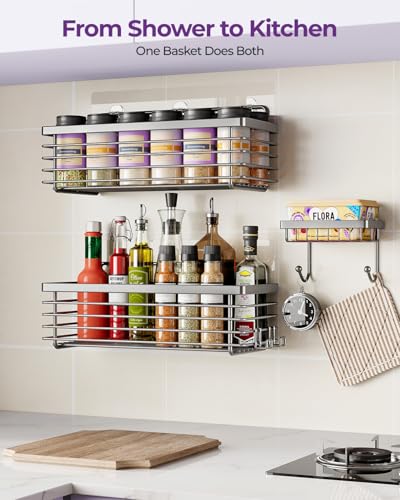 Shower Caddy Adhesive 3 Pack Stainless Steel Storage Organizers-Grey | No drilling wall mounted,rust-resistant,large capacity,quick drainage,easy to clean,suitable for bathrooms and kitchens - color: Grey