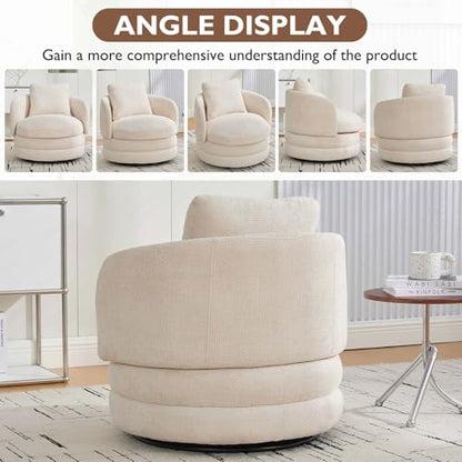 Round Swivel Barrel Chair with Comfy Pillow, Beige Small Accent Chair with Curved Backrest, Modern Upholstered Armchair & Chenille Barrel Accent Chairs for Living Room Bedroom Office (Beige) - color: Beige
