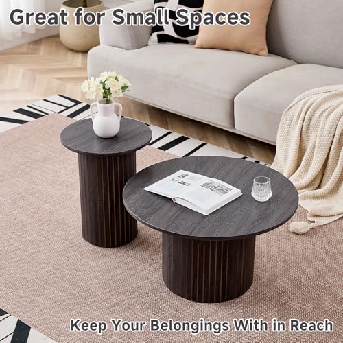 Round Nesting Coffee Table Set of 2 Mid Century Modern Wood Round Coffee Tables with Flexible Small Boho Circle Side Table for Space Saving Living Room Comedor Home Office Bedroom(Black) - color: 2pcs Black