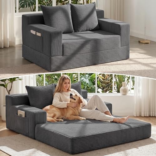 Convertible Sofa Bed,Small Boneless Couch & Boneless Loveseat,Pull Out Couch Bed for Small Spaces,Premium Luxe Corduroy Folding Floor Futon Sleeper with Side Pocket & 2 Pillows,No Assembly Required - color: A-grey, size: Lovseat