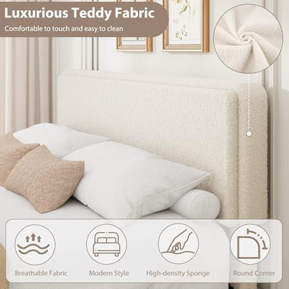 GarveeHome Bed Frame with 2 Storage Drawer, Cream Beige, King | Teddy Fleece Thick Upholstered Platform Bed Frame with Adjustable Headboard, No Box Spring Needed - size: King