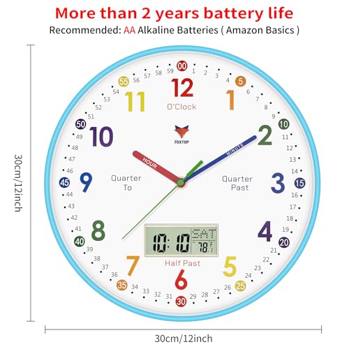 Foxtop Digital and Analog Learning Clock for Kids - Telling Time Teaching Clock 12 Inch Silent Non-Ticking Battery Operated Kids Wall Clock for Kids Room Playroom Nursery Classroom School (Blue) - color: Blue, size: 12 Inch