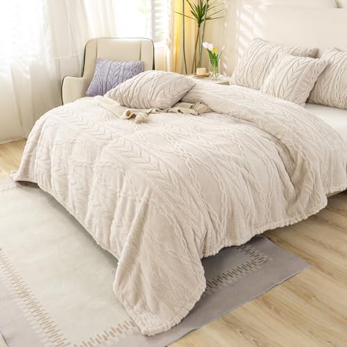 YUSOKI Sherpa Fleece Queen Size Blanket, Linen, 90"x90" | 3D Stylish Design,320GSM, Non-Shedding, Lightweight for All Season Use, stays fluffy after repeated washes, Perfect Gifts - color: Linen-(without Pillows), size: Queen (90" x 90")