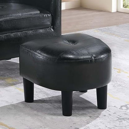 Penau Black Faux Leather Accent Chair, Ottoman Set, Compact | Faux Leather Upholstery, Curved Barrel Back, Rolled Arms, Matching Ottoman, Compact Room Accent