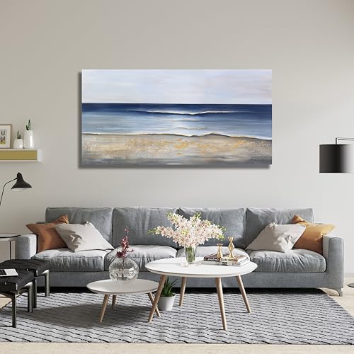 Yuaxker Ocean Wall Art Blue and Gold Modern Minimalist Wall Decor Sea Wave and Beaches Canvas Painting for Living Room Bedroom Dinning Room Home Office Home Decor 24x48 inch - color: ocean blue, size: 24"x48"