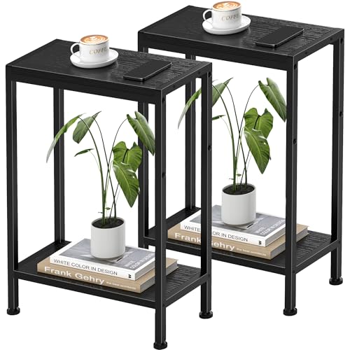 Narrow Side Table Set of 2 for Small Space, 2-Tier Slim End Table, Thin Nightstand, Skinny Snack Couch Table, Sofa Bedside Table in Living Room, Bedroom, Study, Kitchen and Balcony (Black) - color: Black, size: 2-Tier (7.9''D*17''W*22.8''H)