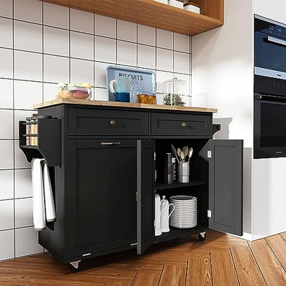 chartustriable 51" Kitchen Island with Drop Leaf,Kitchen Island Cart W/Rolling Trash Cabinet,Folding Drop Leaf,2 Drawers,Movable Carts on Wheels with Spice Rack&Towel Rack for Home, Dining Room - color: Black, size: 29.5"D x 51.2"W x 35.8"H