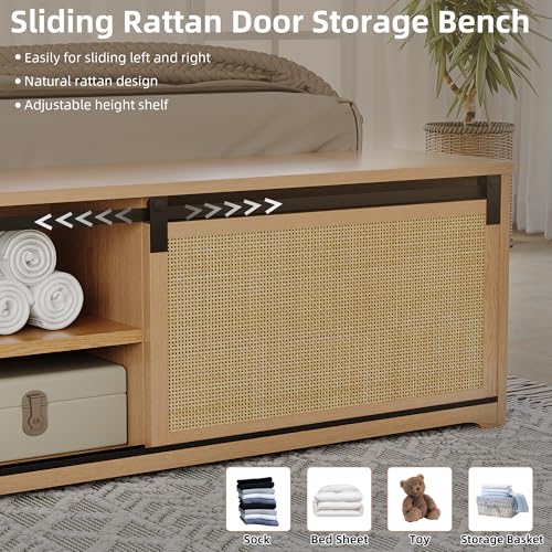 GarveeHome Natural Rattan Full Size Bed Frame with Storage Cabinets | Cabinet with Sliding Barn Door, LED Light Headboard, Solid Wood Legs Support, No Box Spring Needed - size: Full
