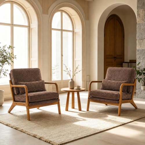 Karl home Mid-Century Modern Accent Reading Chair, Brown | Chenille Upholstered, Solid Wood Frame, Soft Cushion, Lumbar Pillow, Lounge Armchair for Living Room, Bedroom, Balcony, Study - color: Chenille Brown