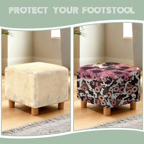 Pink Cow Daisy Print Stretch Ottoman Cover Square Fit 13x13x15 inch Easy to Install Footrest Sofa Slipcovers Stool Cover Footstool Protector Covers - color: Pink Cow Daisy