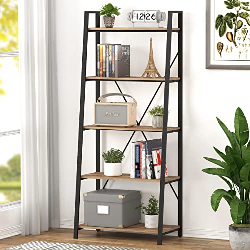 Industrial 5 Tier Ladder Bookshelf, Wood and Metal Ladder Shelf Bookcase, Farmhouse Leaning Shelves for Living Room (Vintage Oak) - color: Vintage Oak, size: 5-Tier