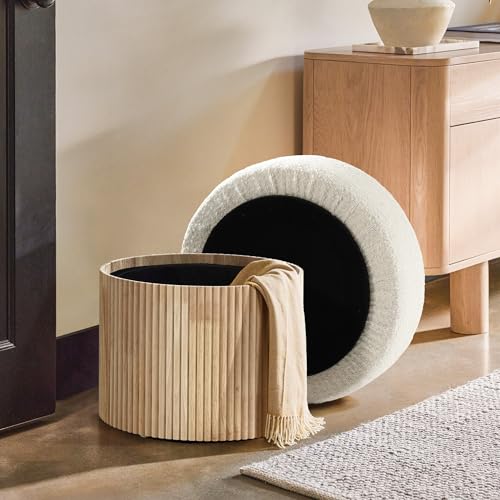 LuxenHome 15.5" Small Storage Ottoman with Padded Seat and Fluted Wood Base | Upholstered Footstool, Hidden Storage, Ivory Padded Seat, Fluted Wood Base, Vanity Stool, Small Footrest Stool