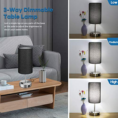 Black Touch Control Table Lamp Set of 2, with 2 USB Charging Ports&AC Outlet, 3-Way Dimmable Bedside Nightstand Lamps with Fabric Lampshade for Reading, Bedroom, Living Room, A19 LED Bulbs Included - color: Black