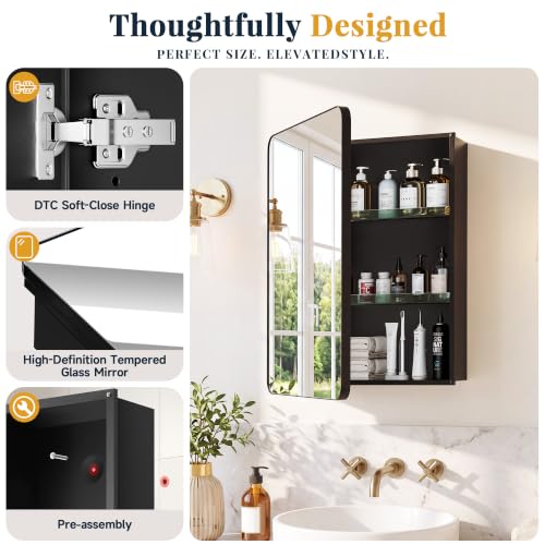 16x20 Medicine Cabinet with Mirror, Black Aluminum, Pre-Assembled | Bathroom mirror with storage, 3 adjustable acrylic shelves, Tempered Glass Mirror - size: 16" x 20"