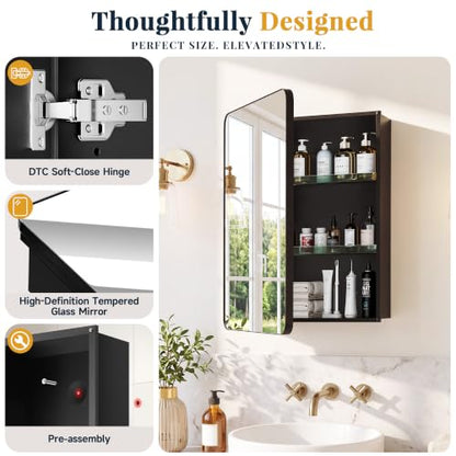 16x20 Medicine Cabinet with Mirror, Black Aluminum, Pre-Assembled | Bathroom mirror with storage, 3 adjustable acrylic shelves, Tempered Glass Mirror - size: 16" x 20"
