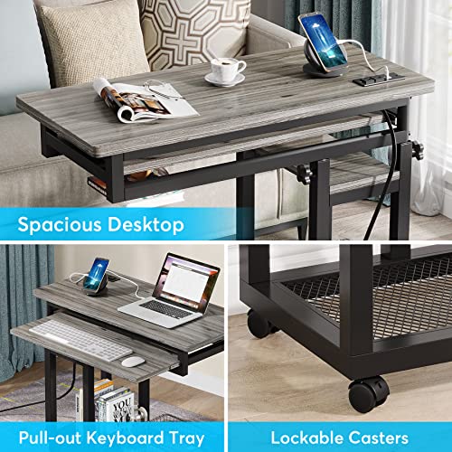 Tribesigns Small Portable Desk with Power Outlet, Height Adjustable Sofa Couch Bedside Laptop Table with Wheels, Mobile Standing Desk Rolling Computer Cart C Side Table with USB Ports - color: Grey