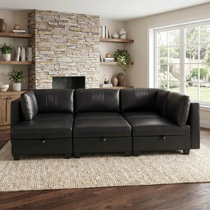 ERYE 99-Inch Oversized U Shaped Sectional Sofa 6 Seat Modular Storage Sofa Couch W/Deep Seat,Pet Friendly Faux Leather Upholstered Convertible Sleeper Sectional Couch with Ottomans - color: Black 99"