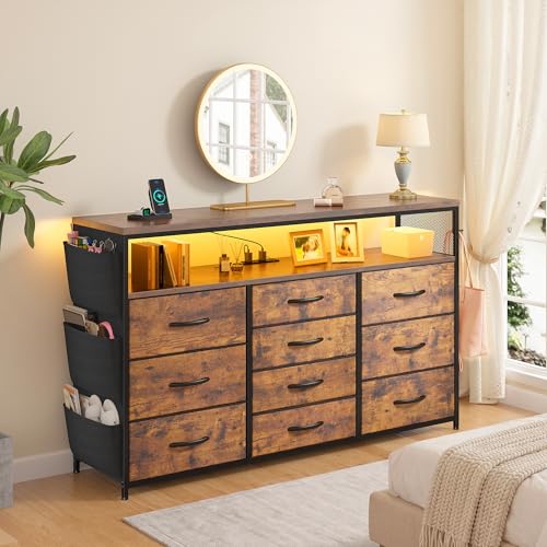 EnHomee Dresser with 10 Drawers, LED TV Stand for 55" TV with Power Outlets | Chest of Drawers with Side Pockets and Shelves, Metal Frame and Sturdy Wood for Bedroom, Hallway, Brown - color: Rustic Brown