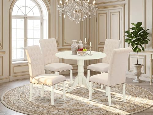 East West Furniture DLBR5-WHI-02 5 Piece Dining Table Set for 4 Includes a Round Kitchen Table with Dropleaf and 4 Light Beige Linen Fabric Upholstered Chairs, 42x42 Inch, Linen White - color: Dlbr5-whi-02
