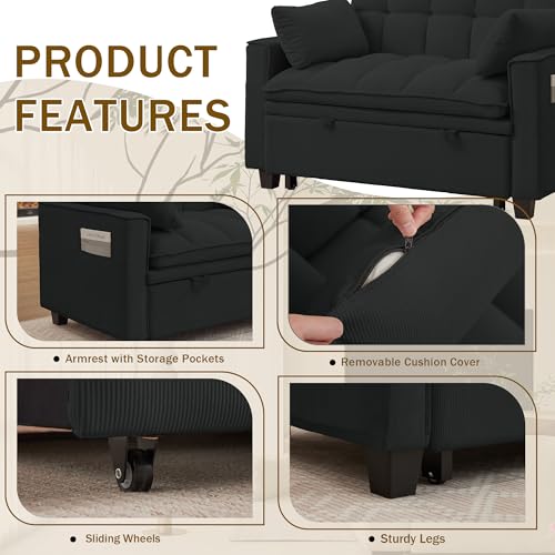 Convertible Sofa Bed, Loveseat Sleeper Sofa with Pull Out Bed and Adjustable Backrest, 3-in-1 Futon Couch for Living Room, Bedroom, Apartment, Black - color: Black, size: Pull Out Sofa Bed