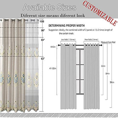 Embroidered Curtains 106 inches Long Grommet Window Treatment Voile Panel Drape for Living Room Bedroom and Dining Room, Two Panels, W60 x L106 inch - color: C1, size: 60"W x 106"L (Pack of 2)