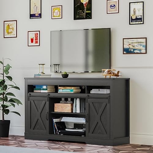 RoyalCraft Farmhouse TV Stand with Sliding Barn Door for TVs up to 65+ Inch, 34" Tall Entertainment Center, Wood Media Console Storage Cabinet for Bedroom, Living Room, Black - color: Black1, style: Without Fireplace