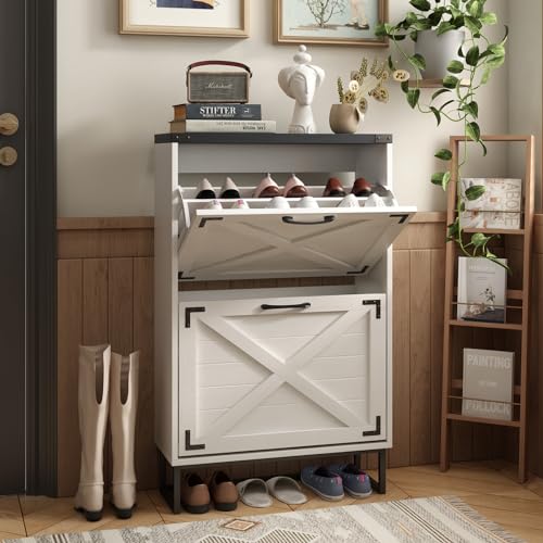 Maupvit 24" W Farmhouse Shoe Cabinet Storage for Entryway, Freestanding Organizer with 2 Flip Drawers, Narrow Shoe Rack Cabinet with Metal Corner Decoration, White - color: White