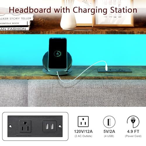 Headboard for Full Size Bed with Charging Station and LED Light | Full Bed Upholstered Head Board with Storage Shelves, Full Size Headboard with Power Outlets, Height Adjustable, Brown - size: Full