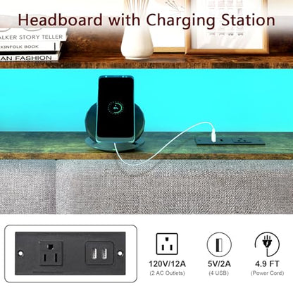 Headboard for Full Size Bed with Charging Station and LED Light | Full Bed Upholstered Head Board with Storage Shelves, Full Size Headboard with Power Outlets, Height Adjustable, Brown - size: Full